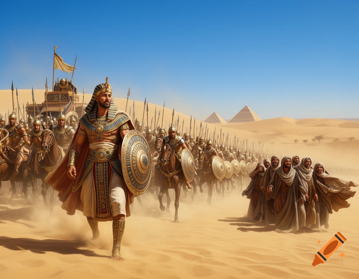 Ancient Egyptian pharaoh in ornate armor, holding a shield, leads an army of soldiers and horsemen through a dusty desert with pyramids in the distance.