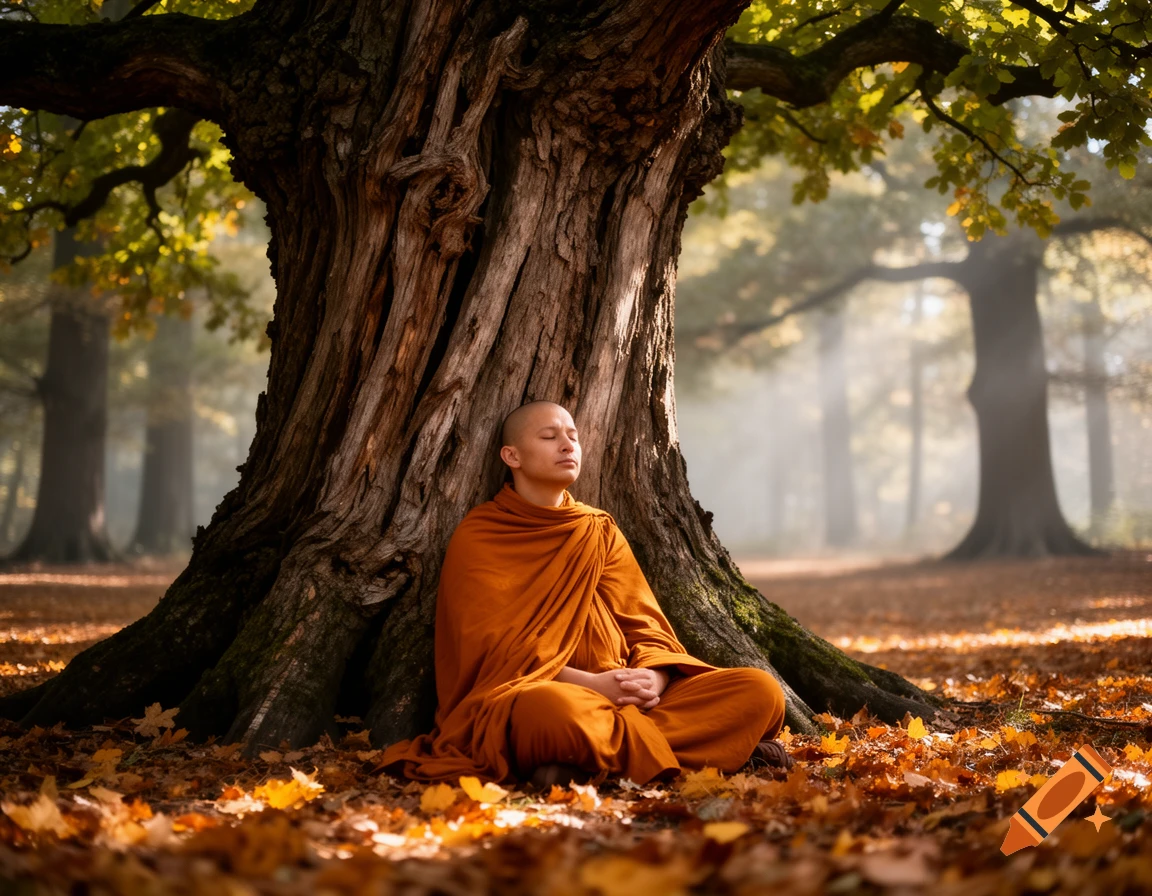 A bald monk in orange robes meditates peacefully under a massive oak tree, surrounded by fallen autumn leaves in a misty forest.