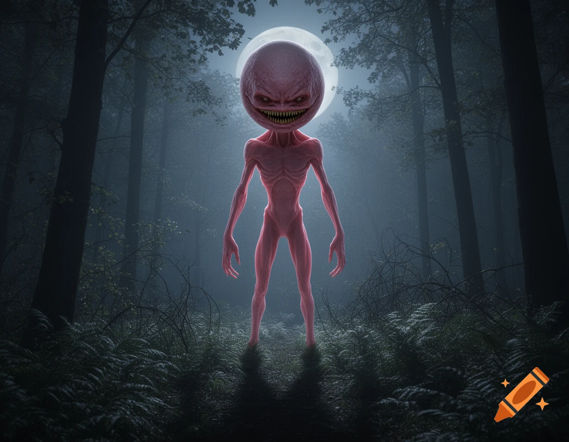 A tall, skinny, pink cryptid with a large spherical head and yellow teeth stands in a dark, foggy forest under a full moon.