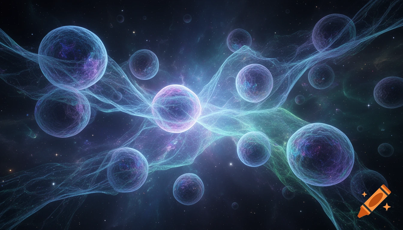 A dark cosmic scene with many glowing, textured spheres connected by translucent, wispy blue and green nebulae, resembling cells in space.