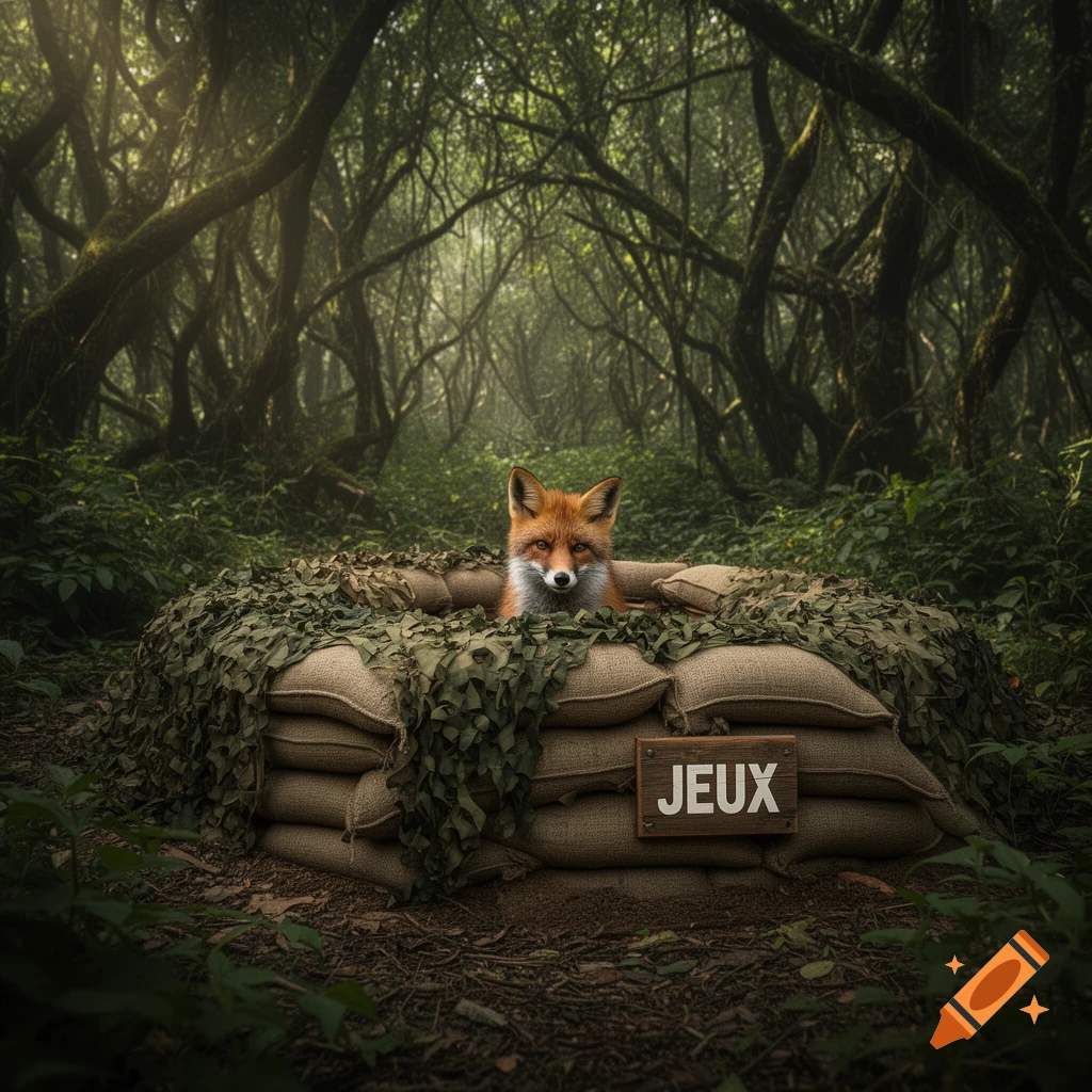 A photorealistic image of a fox peering out from a camouflaged foxhole in a dense, green forest. A wooden sign reading 'JEUX' is in front.