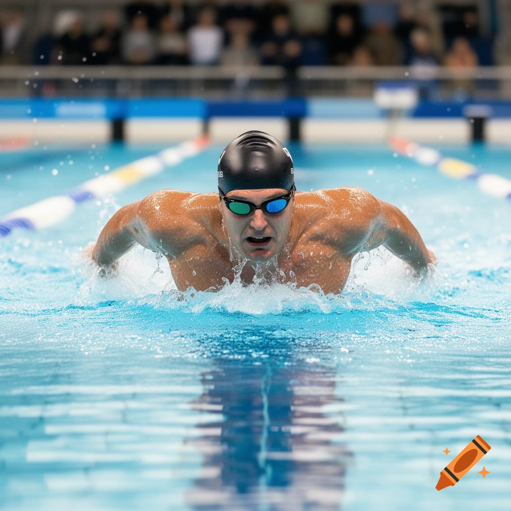 Muscular male swimmer wearing a black cap and green goggles, mid-butterfly stroke in a pool, water splashing.