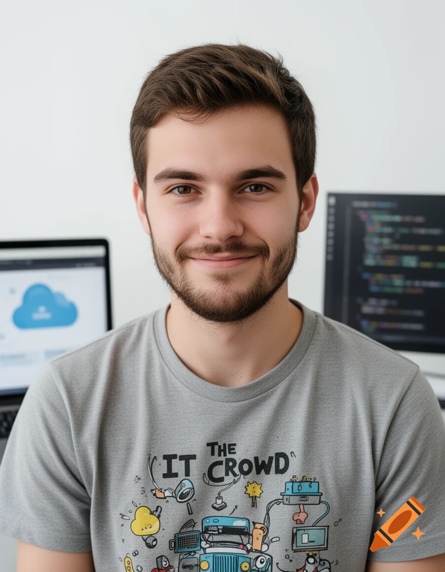 Photorealistic portrait of a smiling young bearded man in a gray 'IT Crowd' t-shirt, with tech screens in the blurred background.