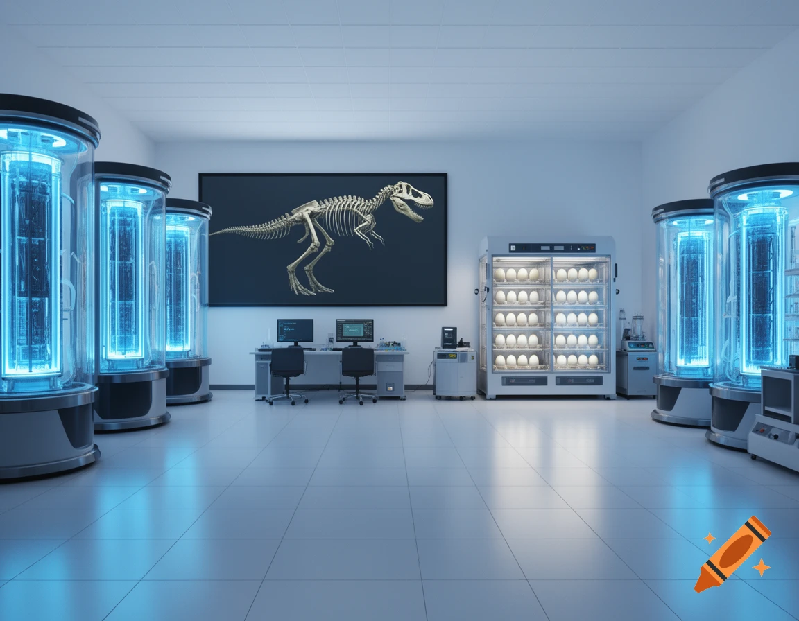 A futuristic dinosaur laboratory with glowing blue cloning chambers, an egg incubator, and a large screen displaying a T-Rex skeleton.