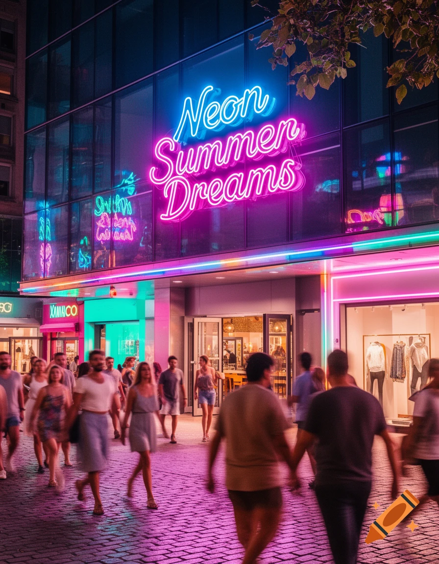 Vibrant night scene of a city street with a large neon sign reading 'Neon Summer Dreams' above shops, as blurred people walk past.