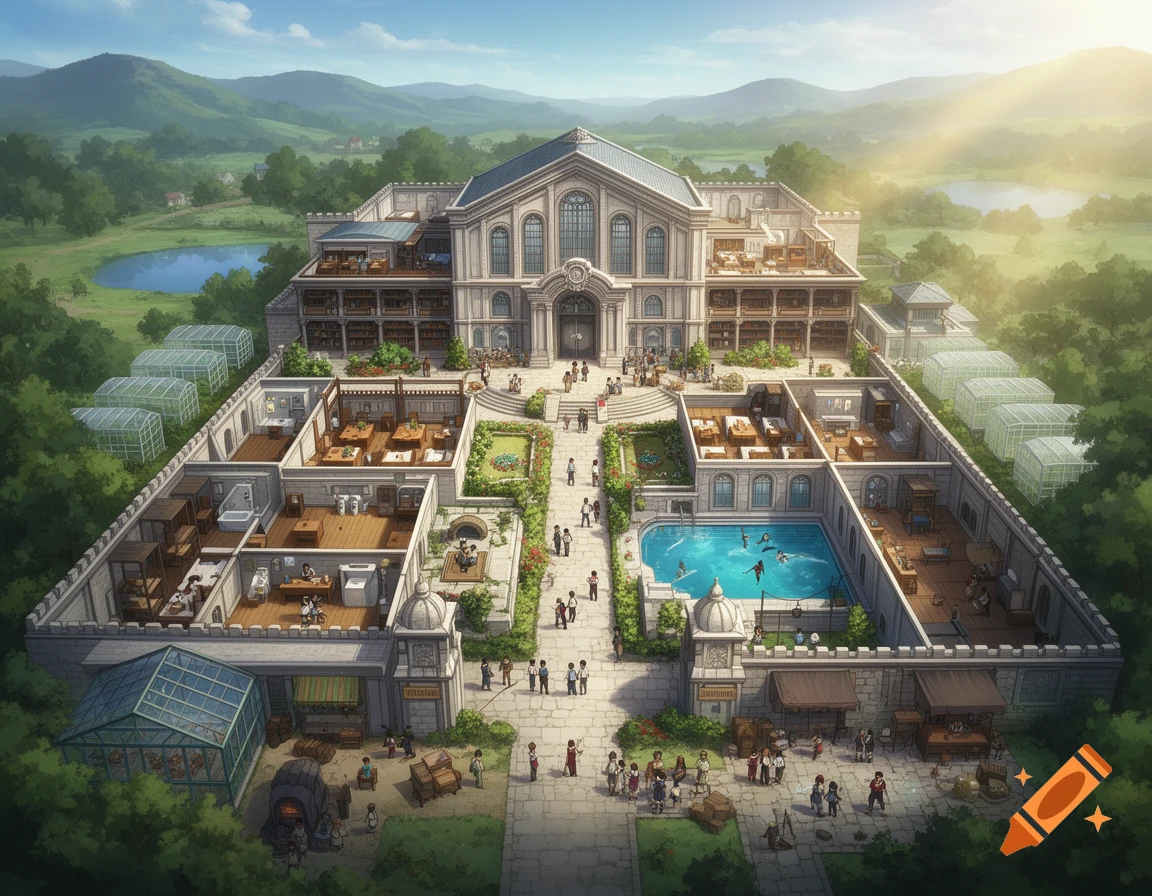 An isometric fantasy-style view of a sprawling academy complex, showing classrooms, dorms, a library, pool, greenhouses, and courtyard areas, all set in a green landscape with mountains and lakes.