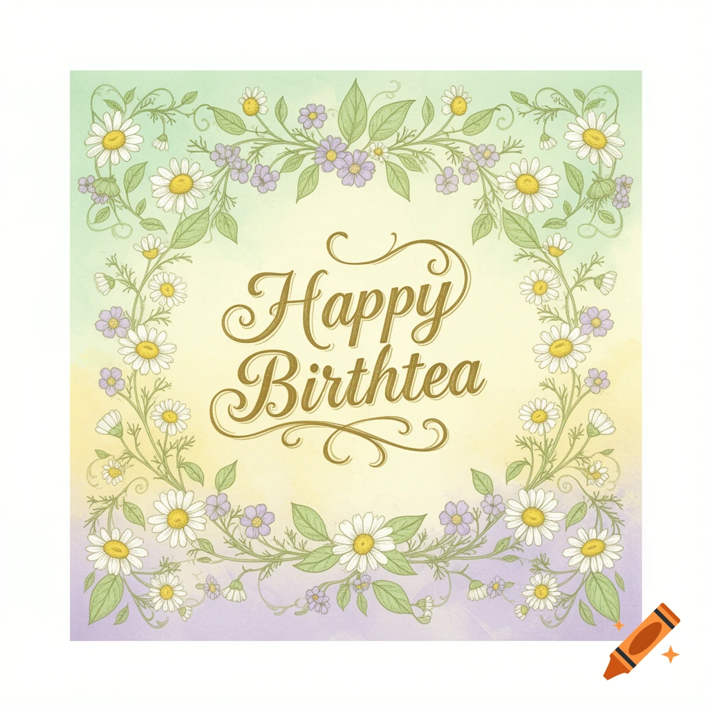 A square greeting card illustration with 'Happy Birthtea' in golden script, encircled by a border of white daisies and purple flowers.