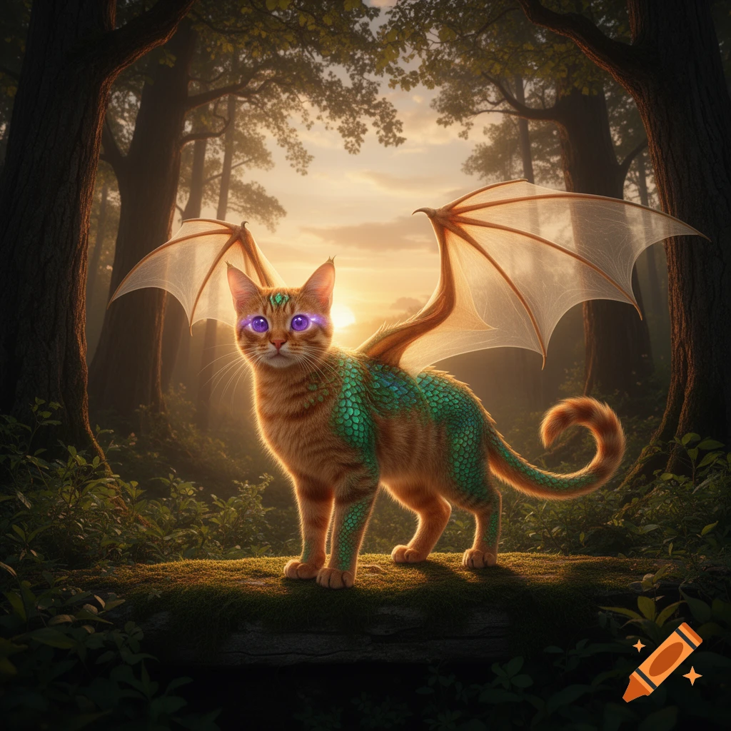 A ginger cat with green dragon scales, bat-like wings, and glowing purple eyes stands in a magical forest at sunset.