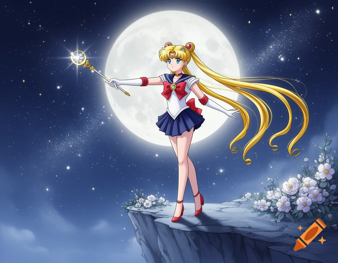 Sailor Moon stands on a cliff under a full moon and starry night sky, holding a glowing scepter. White flowers bloom near her feet.