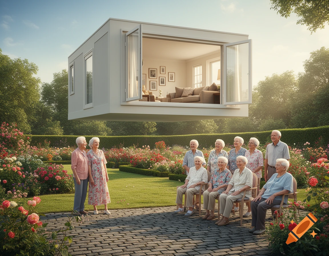Photorealistic image of elderly people gathered in a vibrant rose garden, looking at a modern white house floating above them.