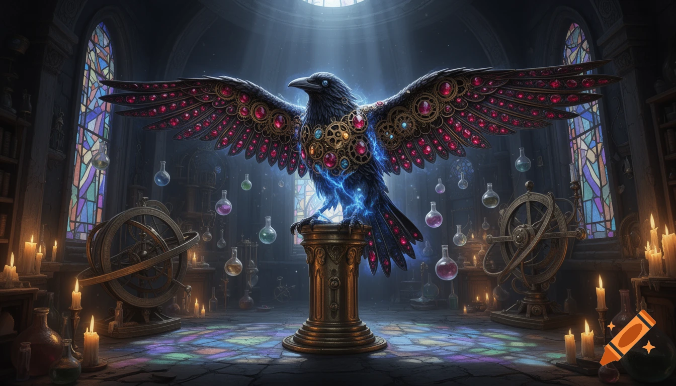 A magnificent Gearwing Raven with ruby and opal gearwork feathers and blue energy rests on a pedestal in an alchemist's tower with astrolabes, potion vials, and stained-glass.