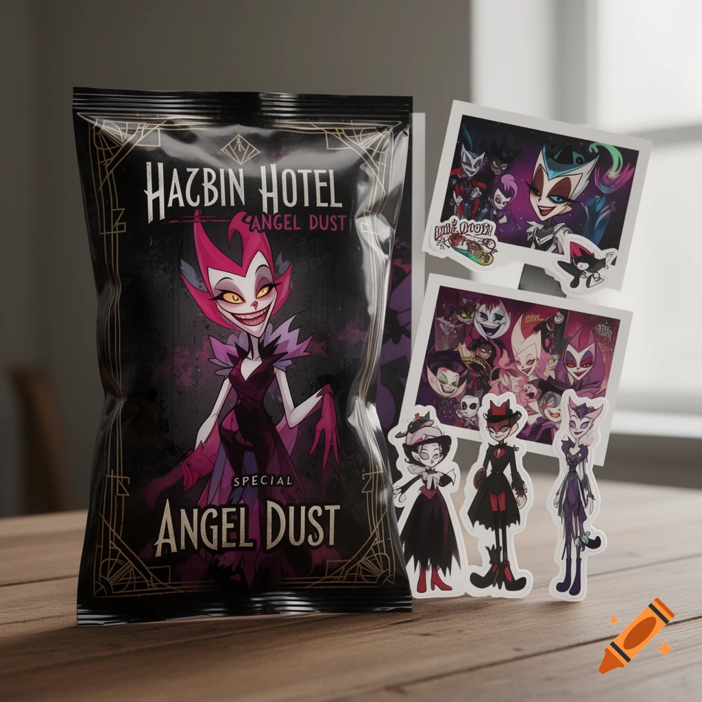 A black Hazbin Hotel blind bag featuring a cartoon demon character with pink hair and a wide smile, next to two polaroid-style stickers and three character cutouts, all on a wooden table.
