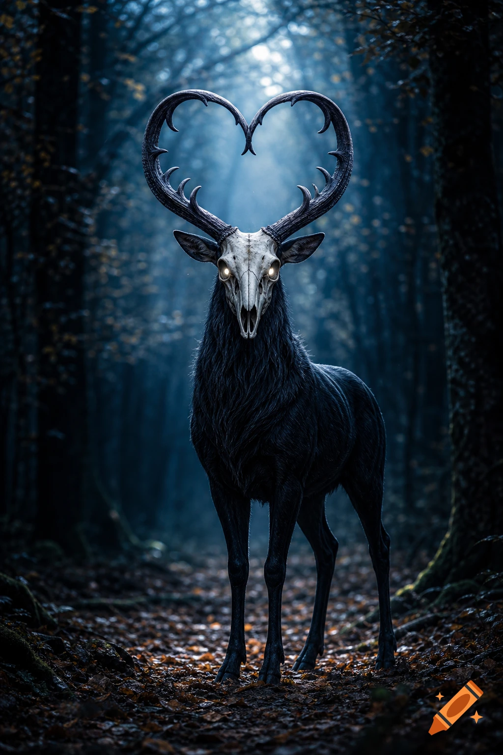 A dark fantasy creature resembling a deer with a skull head, glowing eyes, and heart-shaped antlers stands in a misty, dark forest.