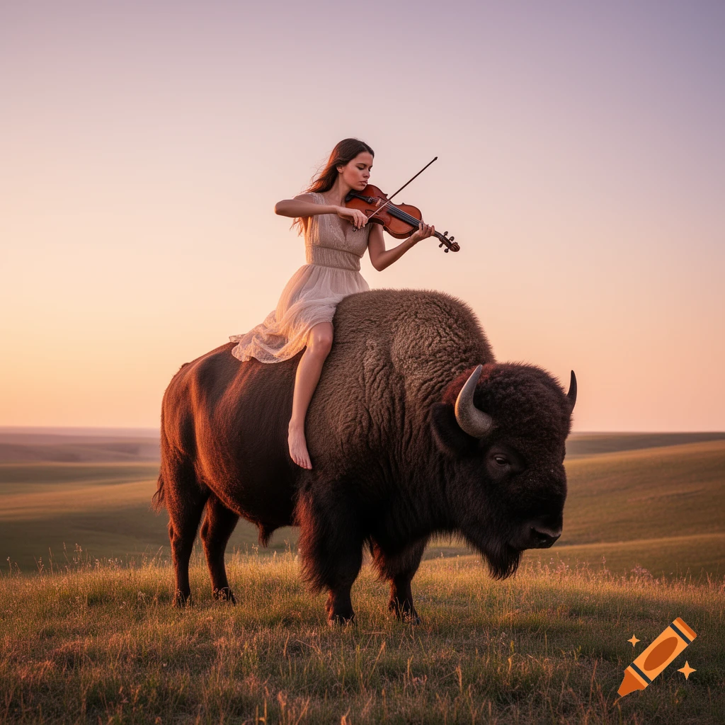 A woman in a dress sits on a bison in a grassy field at sunset, playing a violin. Photorealistic.