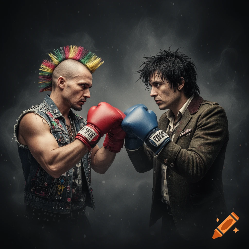 Two men, one a punk with a colorful mohawk and red gloves, the other an indie rocker with messy hair and blue gloves, face each other in a stylized boxing stance against a smoky dark background.