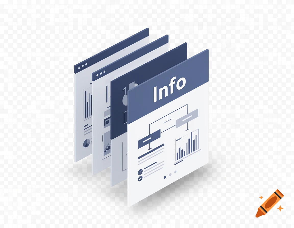 Four fanned isometric document pages displaying charts, diagrams, and the word 'Info' on the front, on a transparent background.