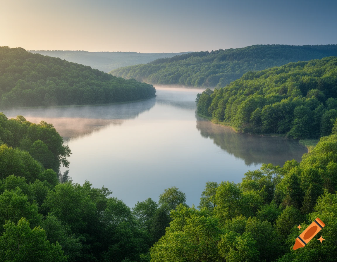 Serene river winds through a lush forest valley with mist rising from the water under a soft morning sky.