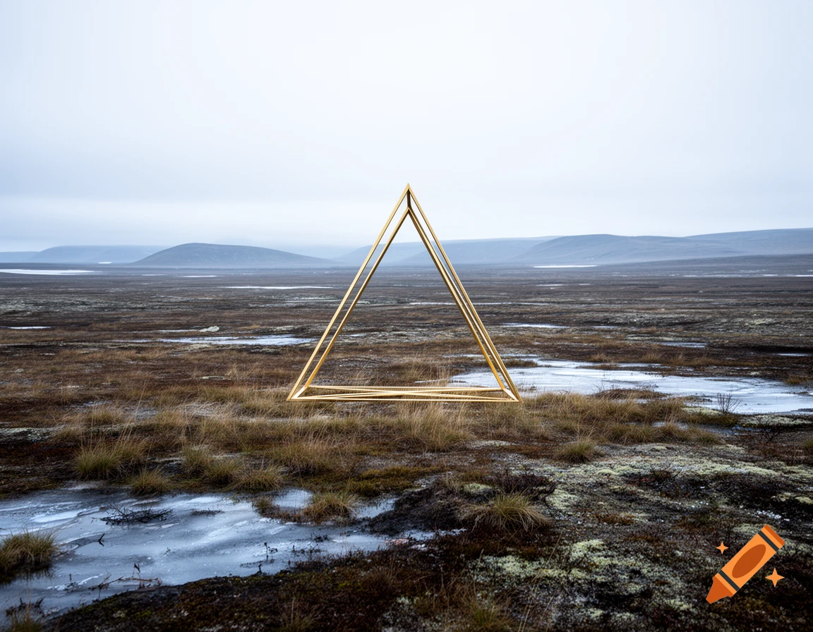 A golden triangular sculpture stands in the middle of a vast, barren tundra landscape under an overcast sky.