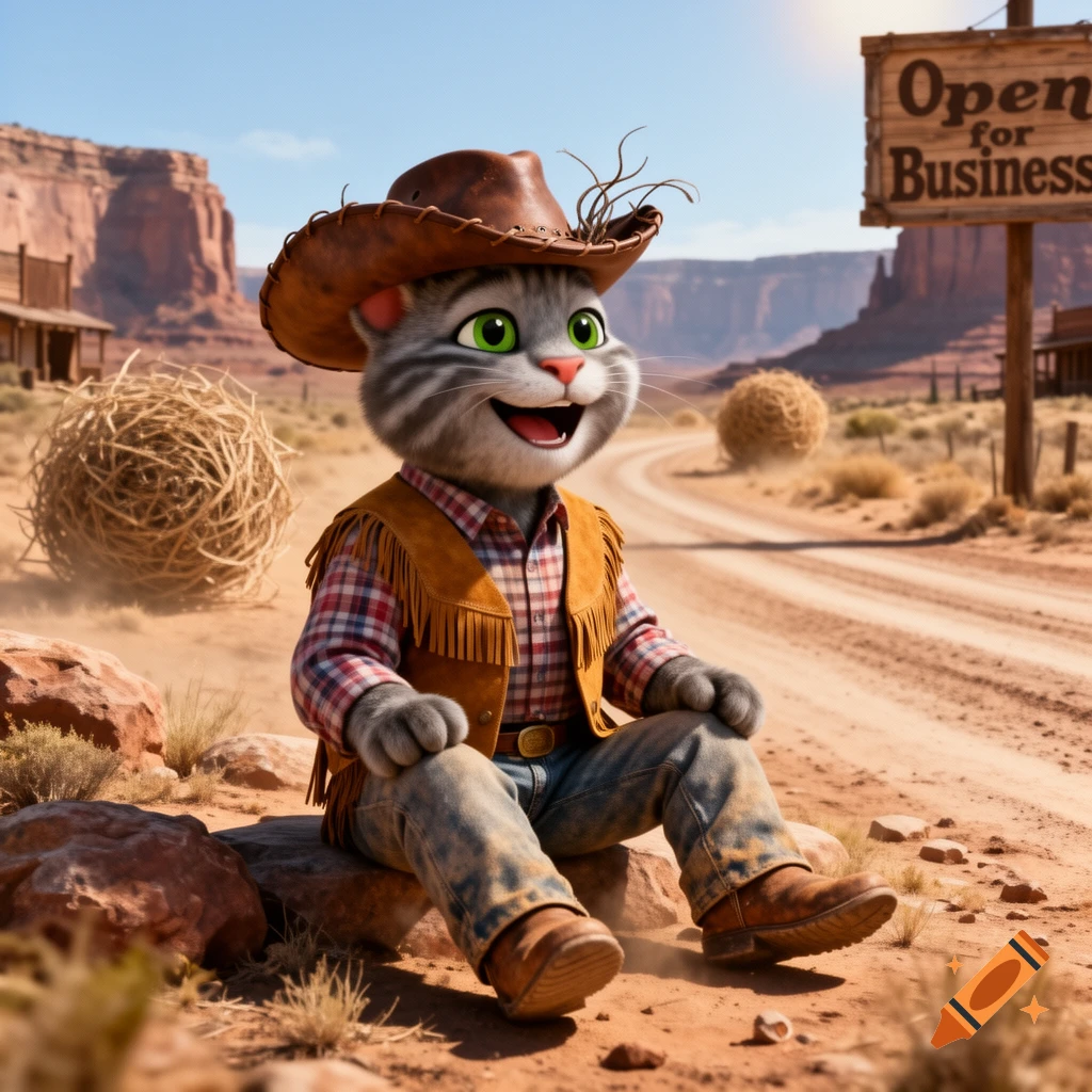 A happy cartoon cat dressed as a cowboy sits on a rock in a sunny desert with tumbleweeds and an 'Open for Business' sign.