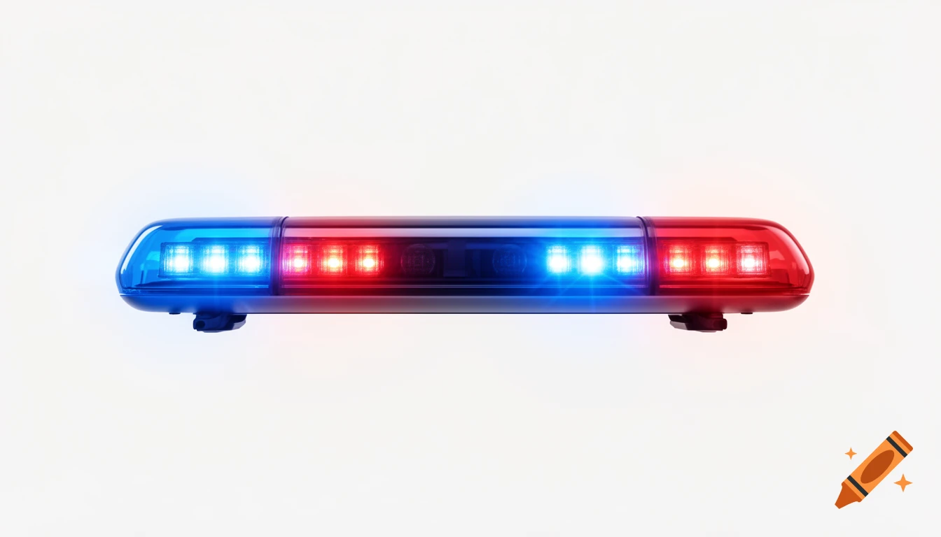 A close-up of a police car light bar with flashing red and blue lights against a clean white background.