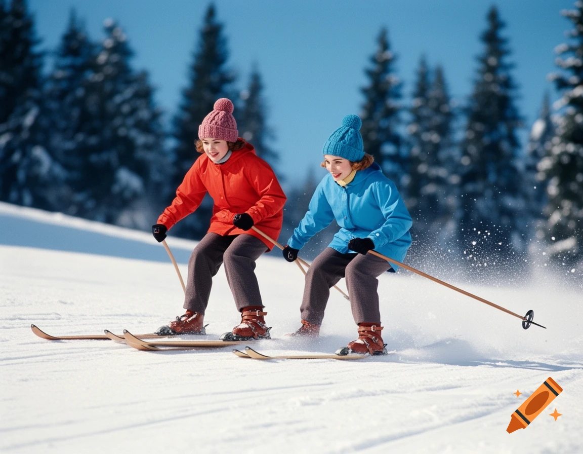 Two women ski down a snowy mountain slope on a sunny day, wearing vintage winter clothing.