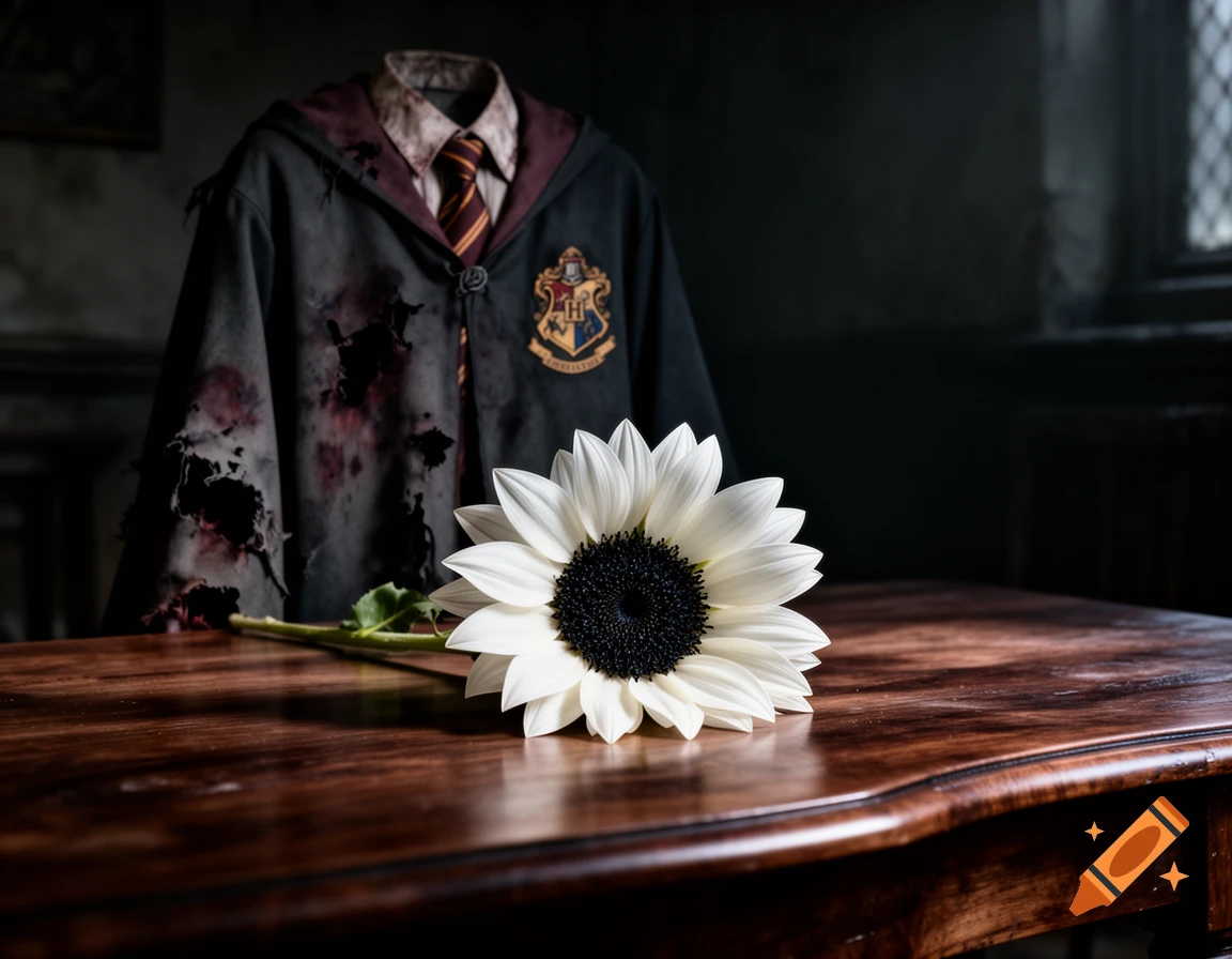 A close-up of a white sunflower on a wooden table, with a ripped, bloody Hogwarts robe visible in the blurry, dark background.