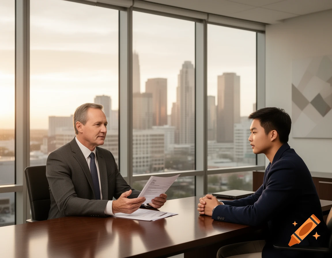 Two men in business attire discuss documents in a modern office with a city skyline view, photorealistic.