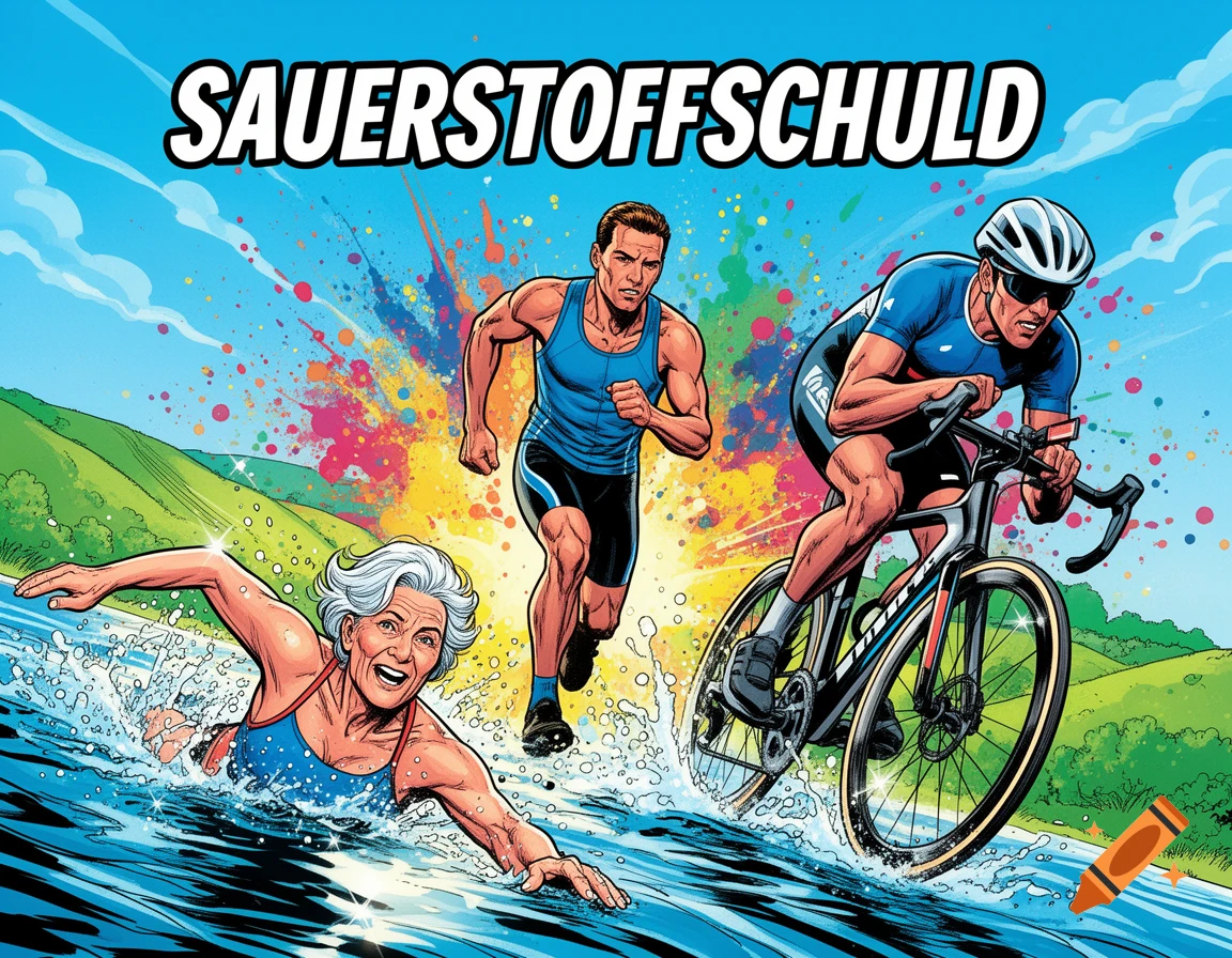 Comic art of three people in a triathlon: an older woman swimming, a man running, and a man cycling. Colorful background, 'SAUERSTOFFSCHULD' text.