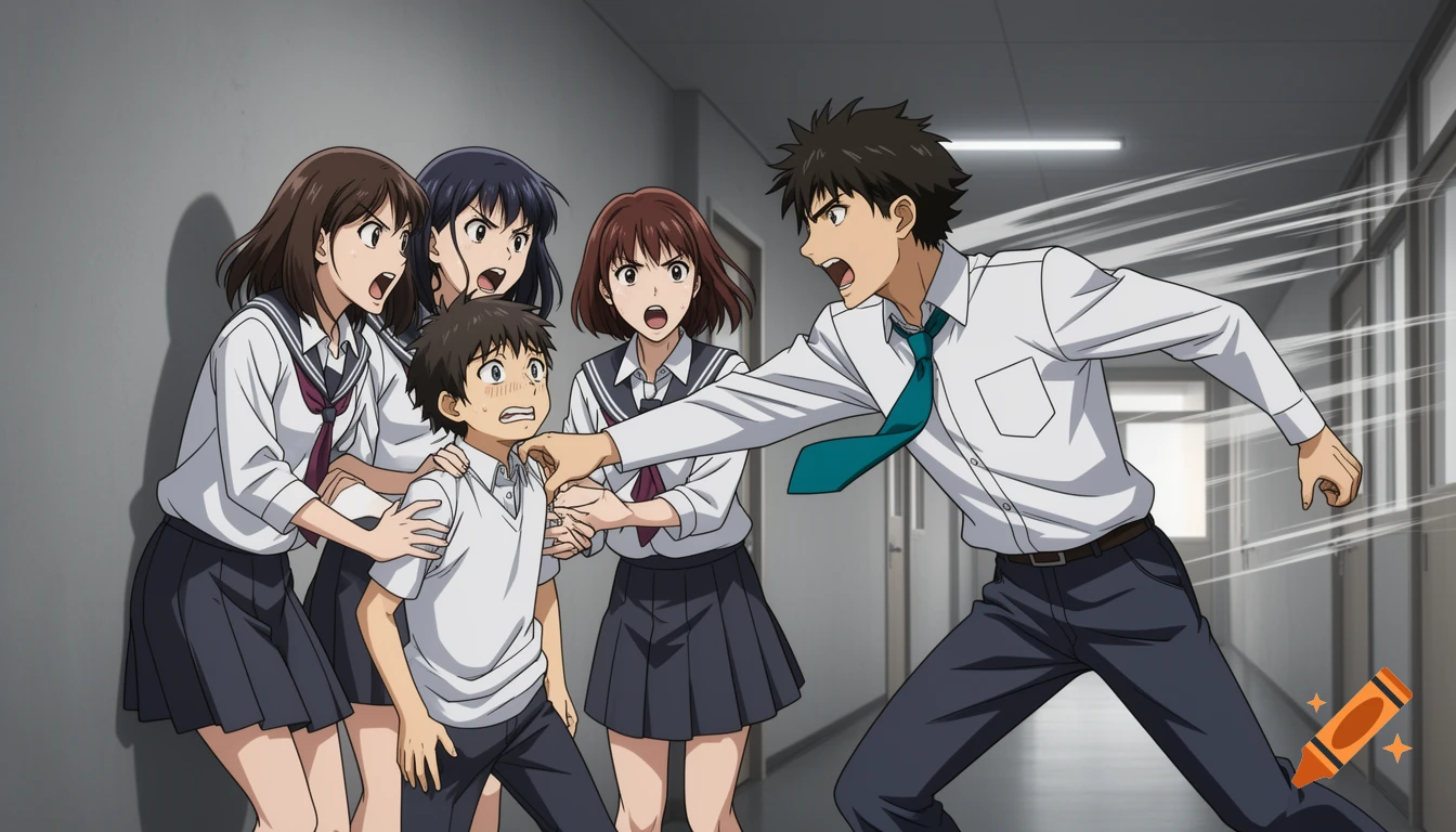 Anime illustration of a boy being pulled away by another boy from three aggressive schoolgirls in a school corridor.