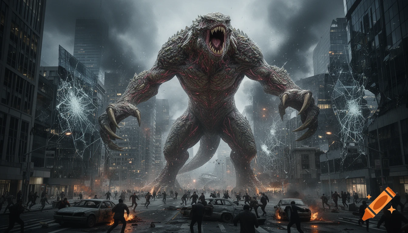 A massive, green-scaled mutated monster with glowing red veins and sharp claws roars in a destroyed city street as tiny people flee.