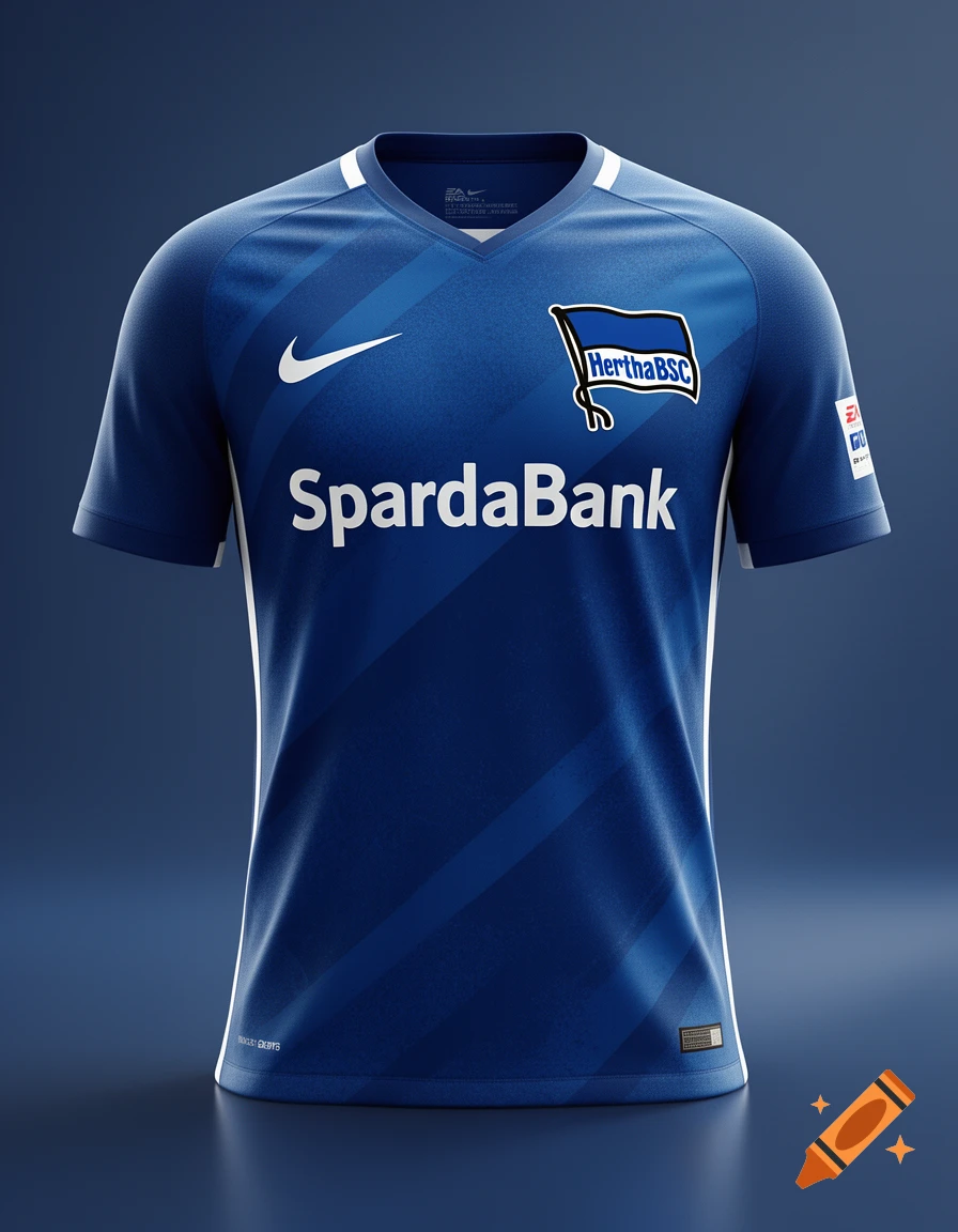A photorealistic blue soccer jersey with white accents, featuring the Nike logo, Hertha BSC flag logo, and "SpardaBank" as the chest sponsor.