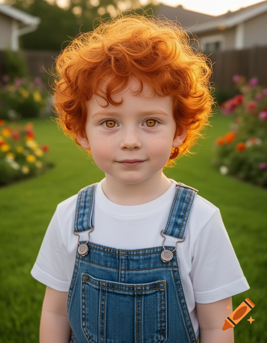 Photorealistic portrait of a cute young boy with bright red curly hair and light brown eyes, standing in a sunny garden.