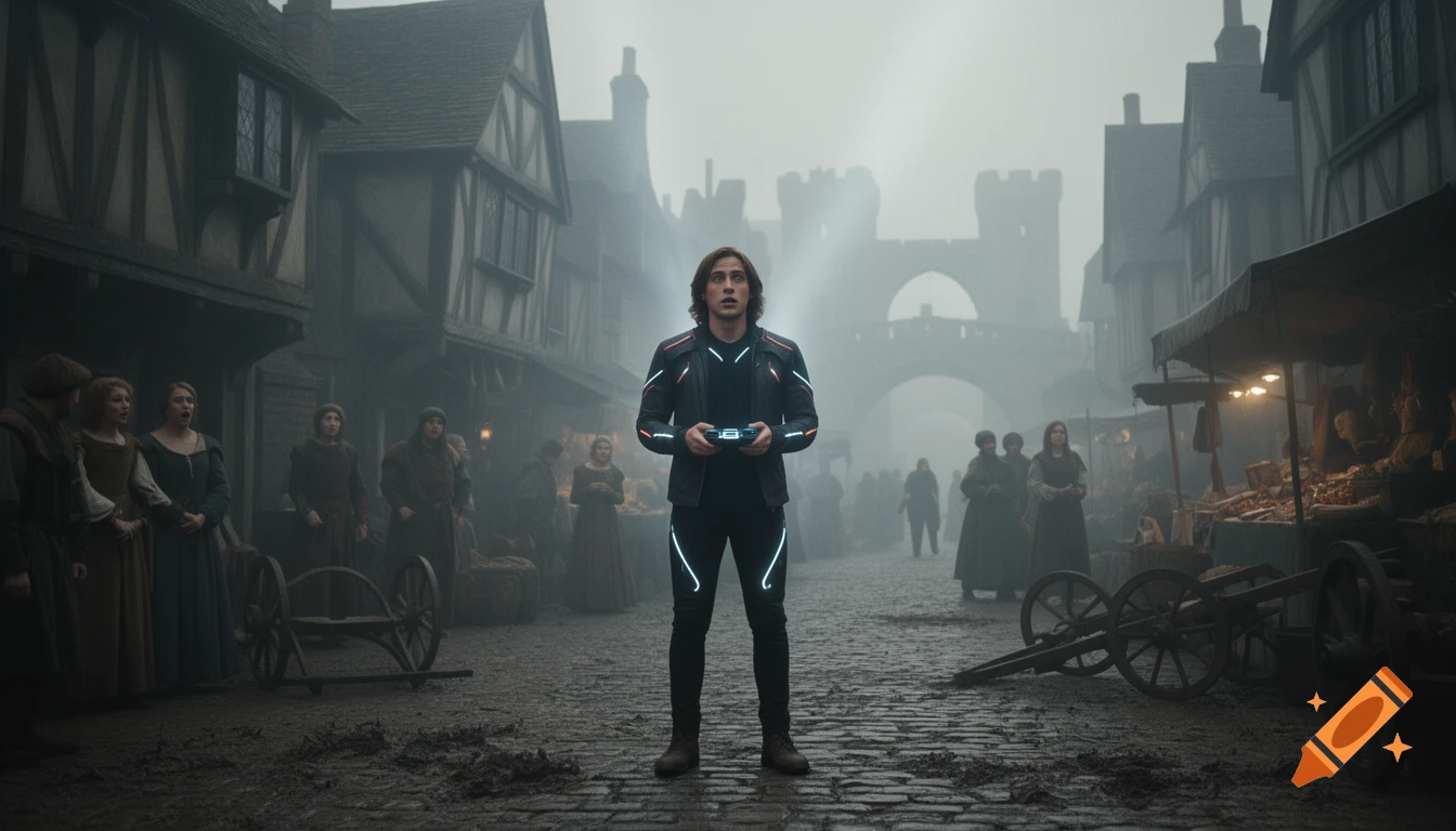 A confused time traveler in futuristic gear stands in a muddy, foggy medieval street with timber houses and market stalls.