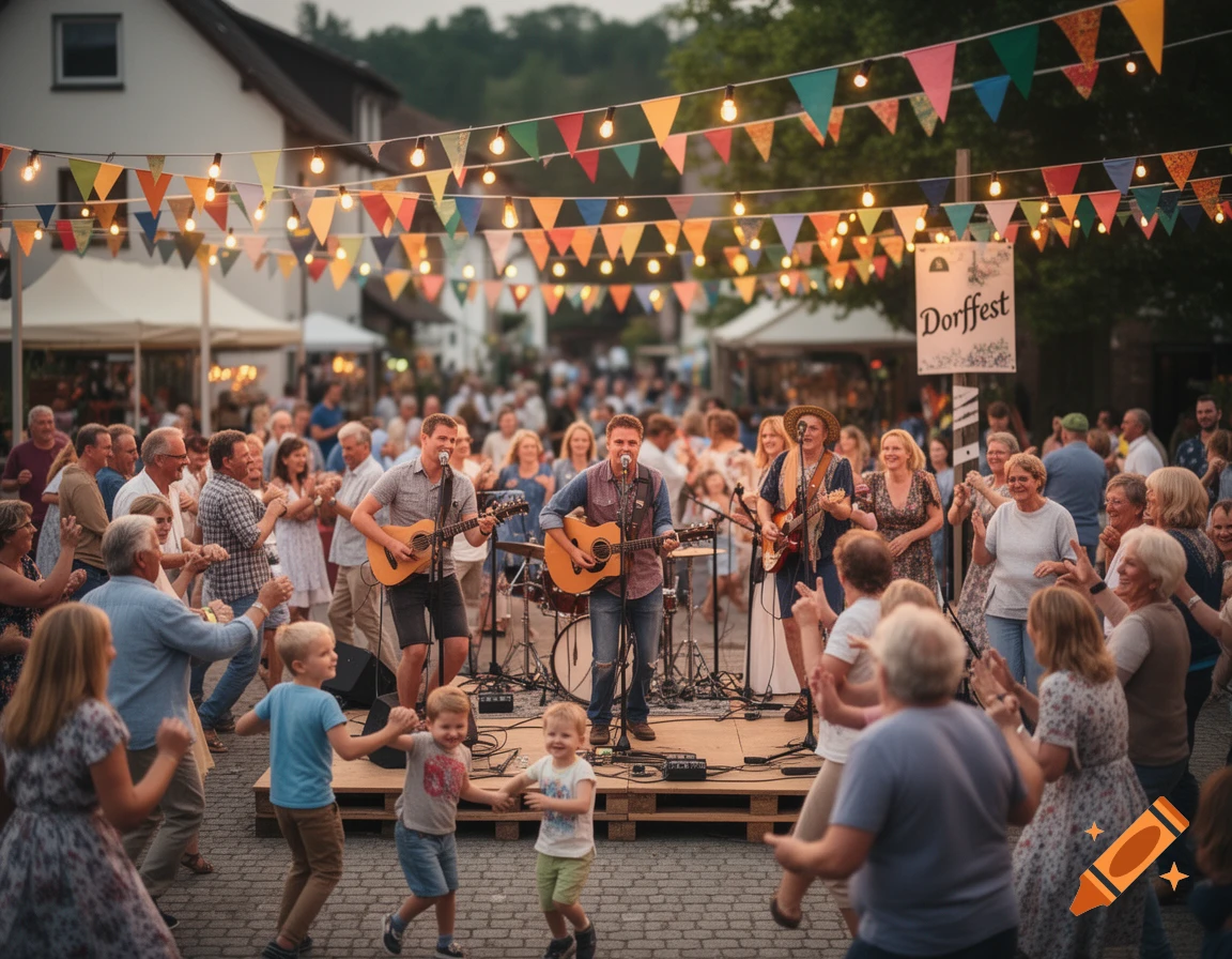 A lively village festival with a band performing on a stage as people dance and celebrate under string lights and flags.