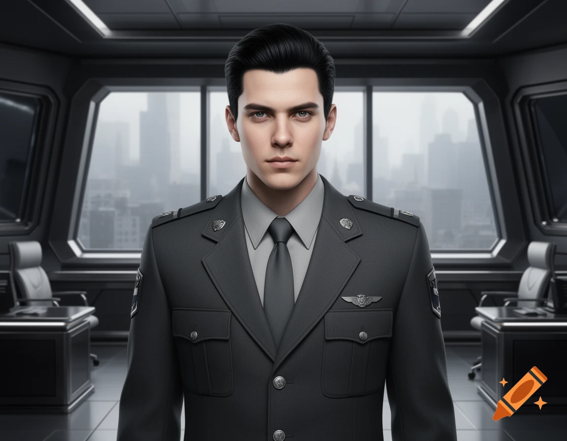 A man in a dark grey military-style uniform stands in a futuristic office with large windows overlooking a city.