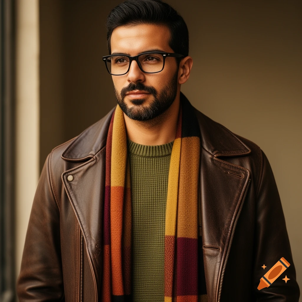 A man with short dark hair, beard, and black glasses, wearing a brown leather jacket, olive sweater, and striped scarf. Photorealistic portrait.