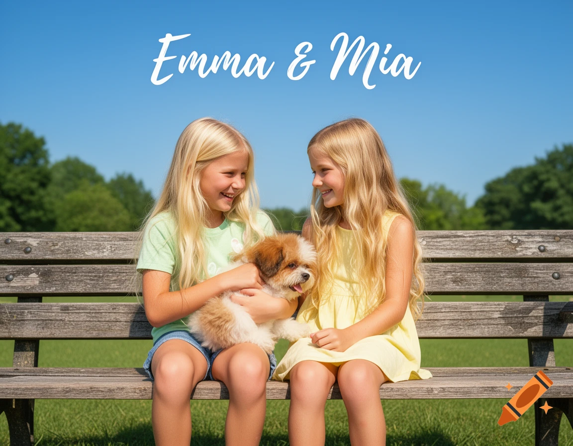 Two smiling blonde girls sit on a park bench under a clear blue sky, one holding a fluffy brown and white dog. "Emma & Mia" is written in white text above them.