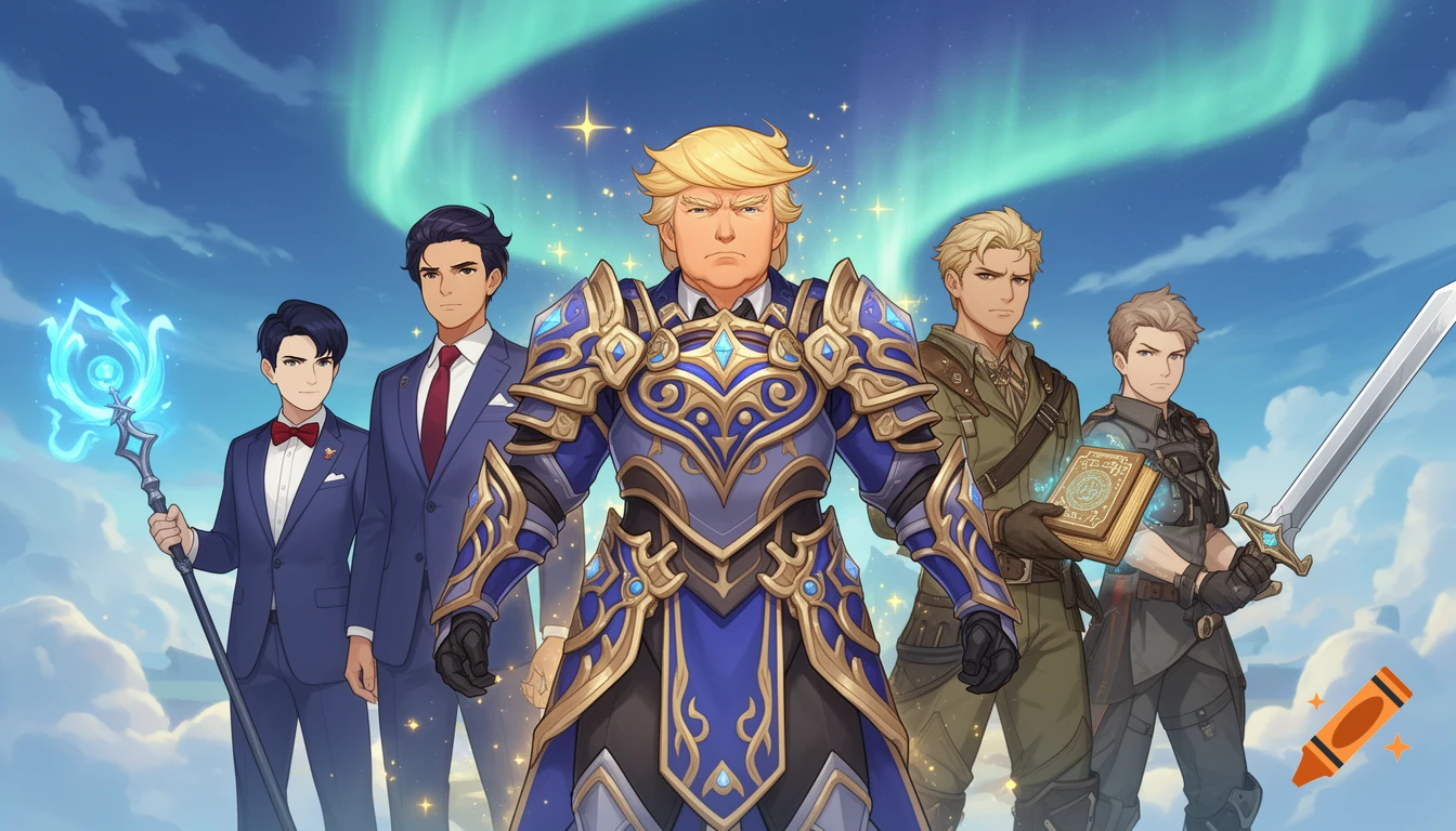 Donald Trump in ornate blue and gold fantasy armor stands with four other men in anime style under an aurora borealis sky.