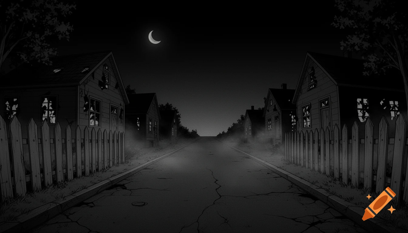 A dark, eerie manga-style street scene at night, with dilapidated houses, a wooden fence, and a crescent moon.
