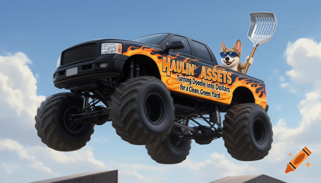 A cartoon monster truck with flames, a dog in sunglasses holding a giant pooper scooper, flying in a blue sky.
