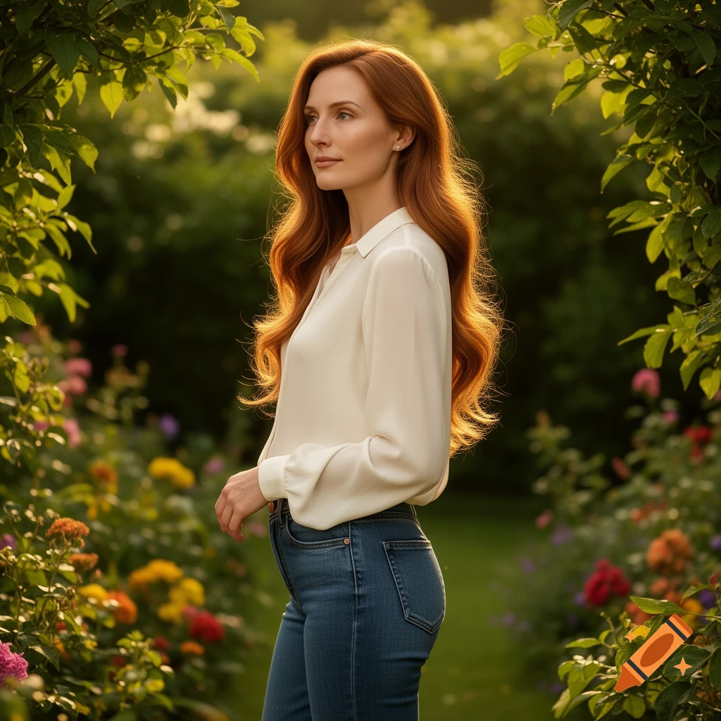 A woman with long, flowing red hair, wearing a white shirt and jeans, stands in a vibrant, sunlit garden.