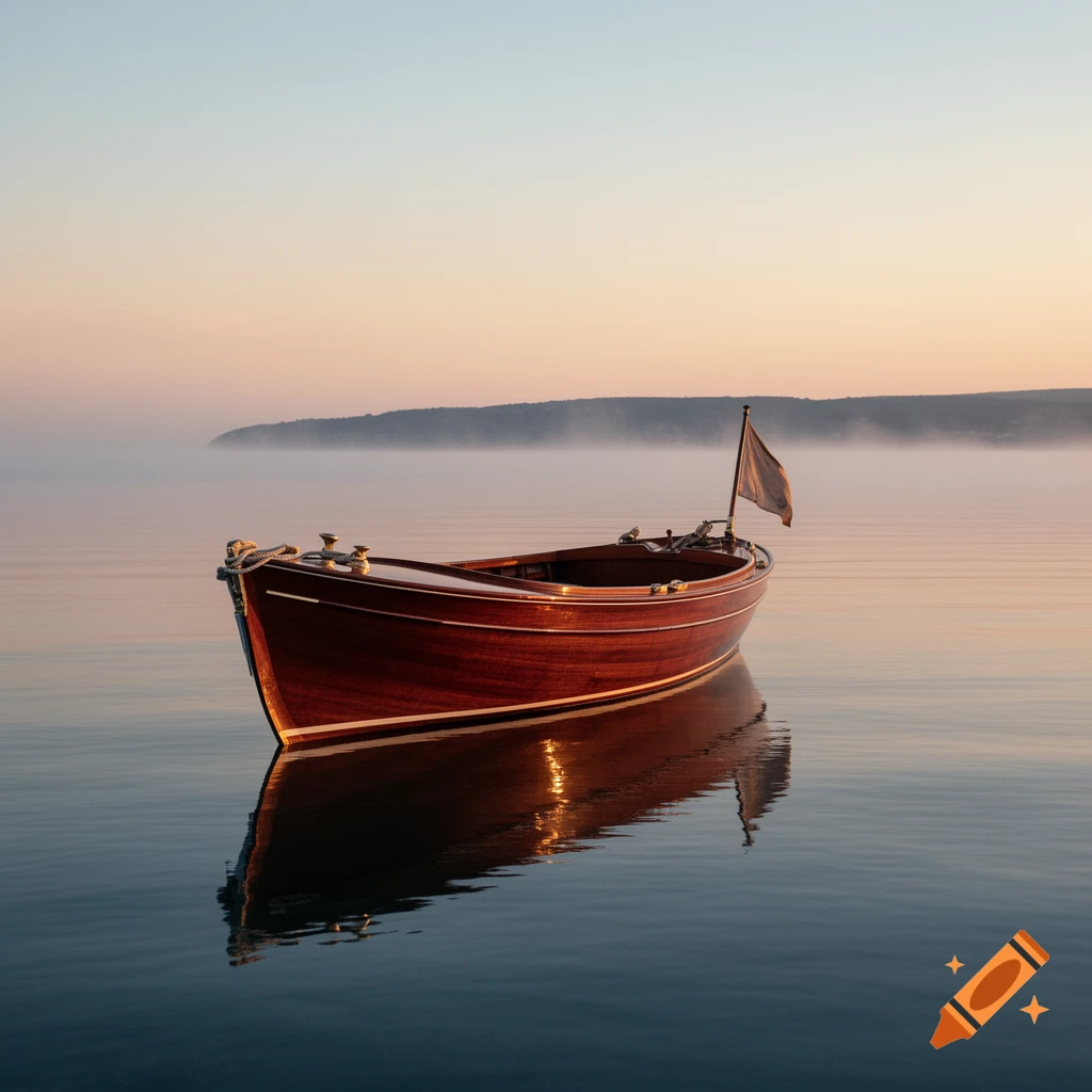 A dark wooden boat with a flag floats calmly on still, misty water during a soft sunrise, with hills in the distance.