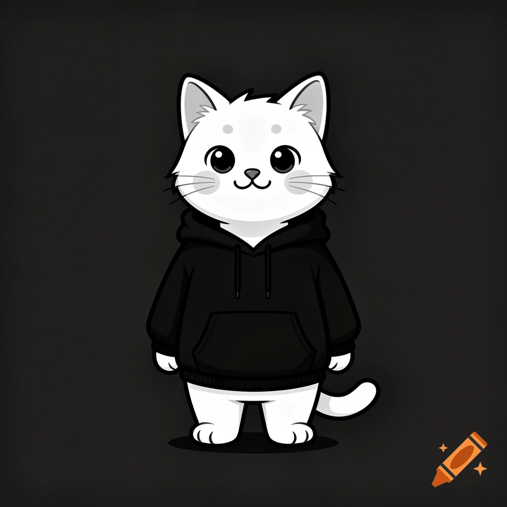 A cute anthropomorphic white cartoon cat wearing a black hoodie, standing against a dark background.