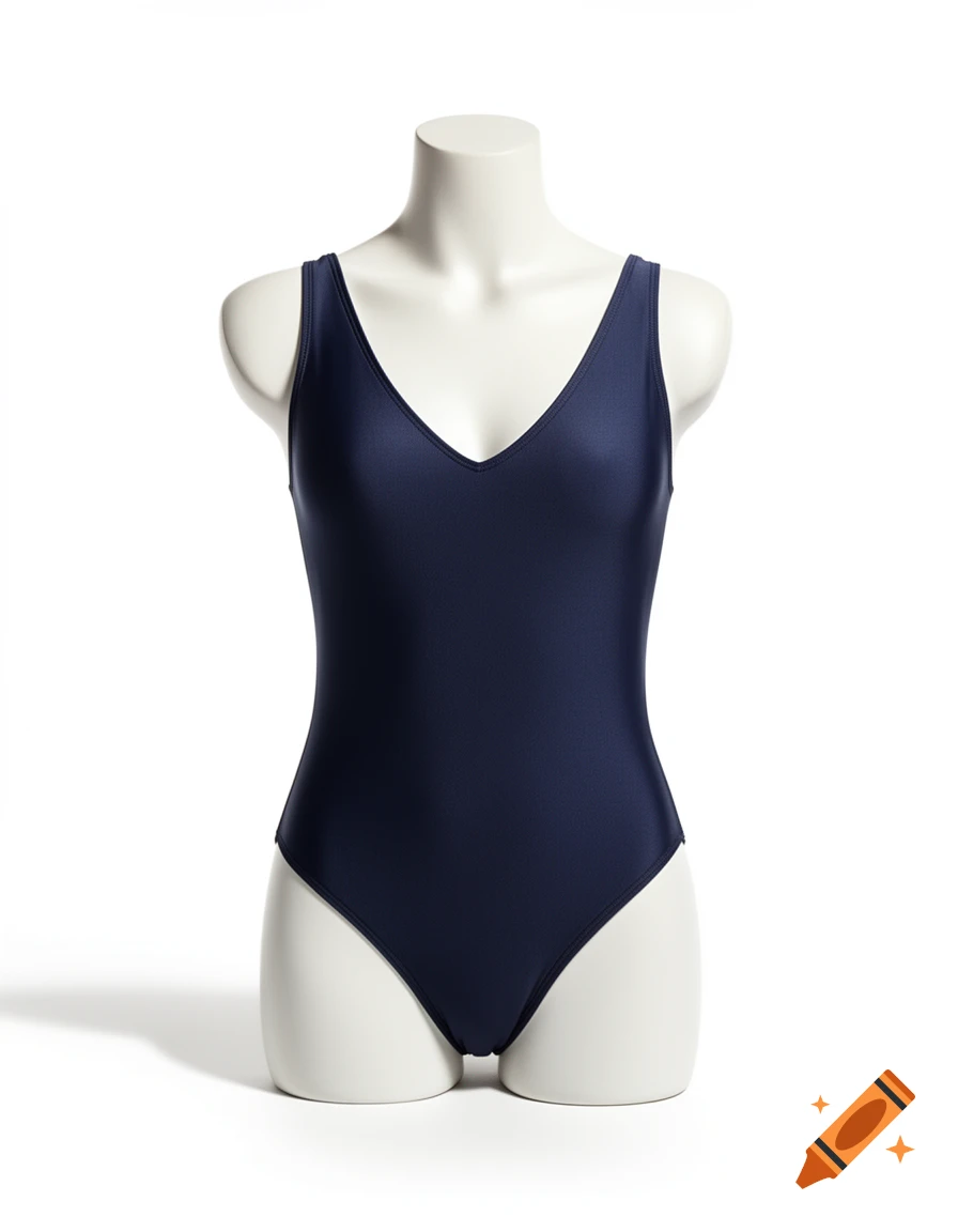 Navy blue one-piece swimsuit with a V-neck, displayed on a white headless mannequin against a white background.