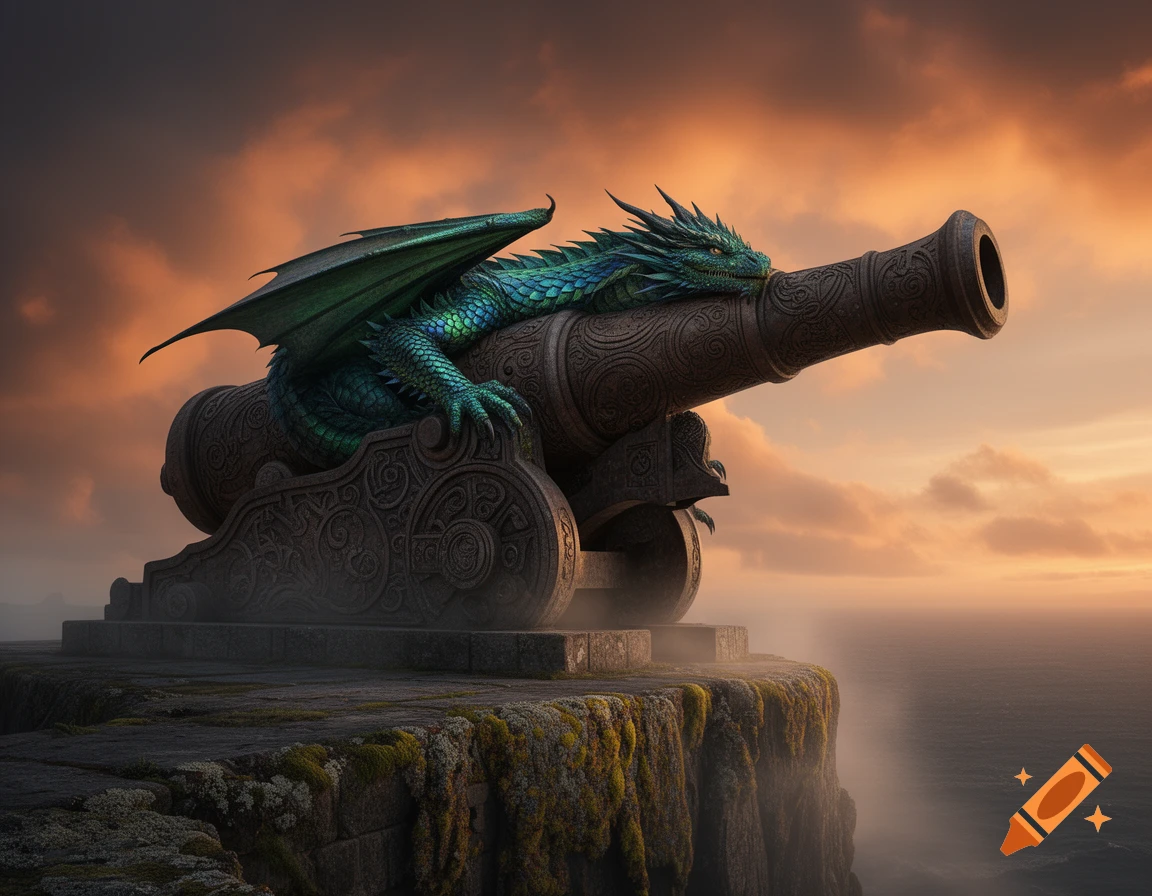 A vibrant green dragon rests atop an ornate bronze cannon on a mossy cliff overlooking a vast ocean at sunset.