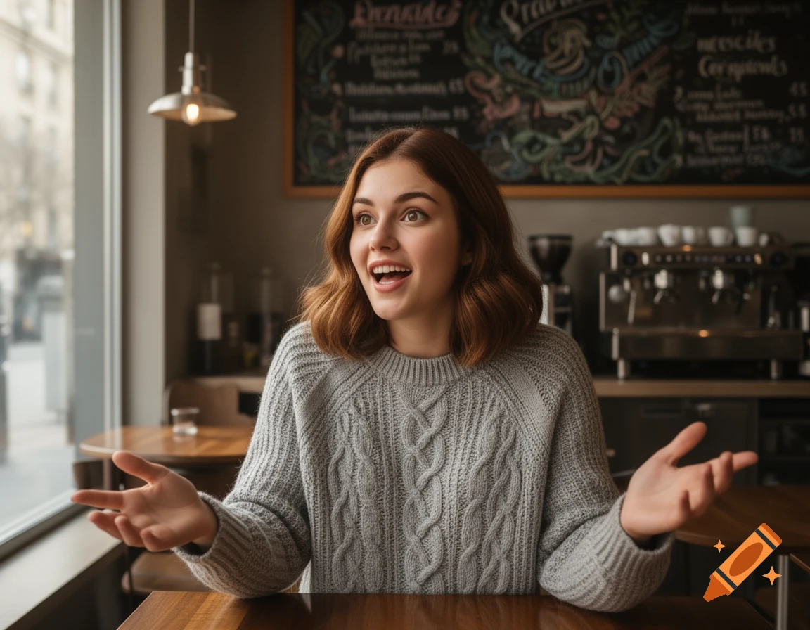 A young woman with brown hair in a grey cable-knit sweater gestures excitedly while sitting at a wooden table in a sunlit cafe.