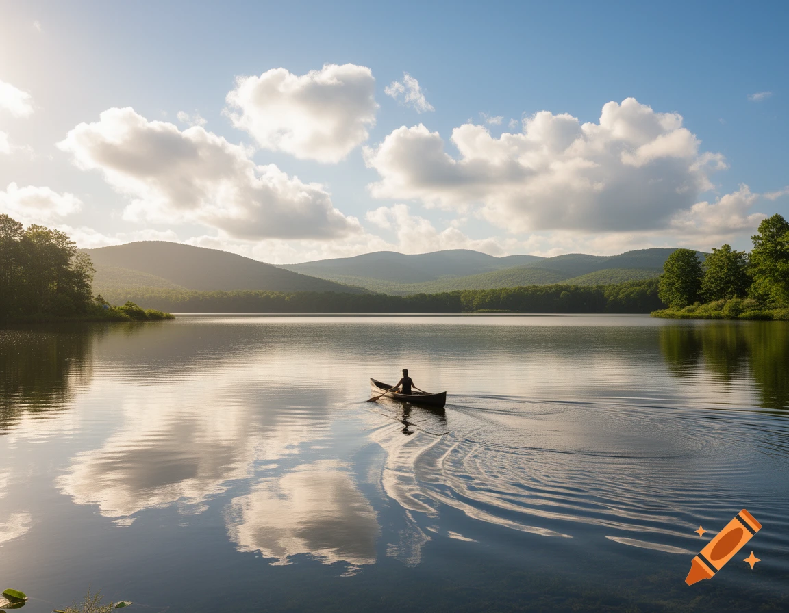 A person paddles a canoe on a calm lake, surrounded by forested mountains under a sunny, partly cloudy sky. Photorealistic.