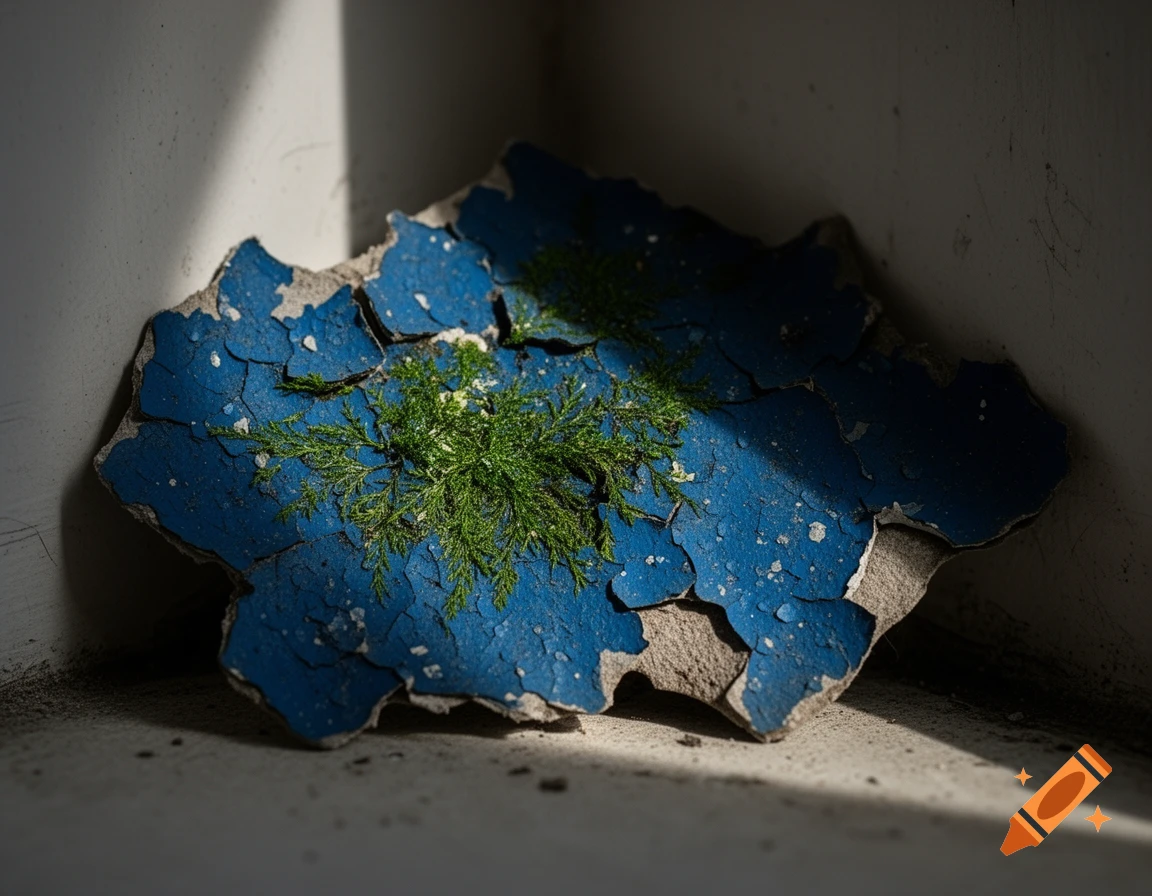 A large dark blue paint flake with green moss and algae rests in a sunlit corner.