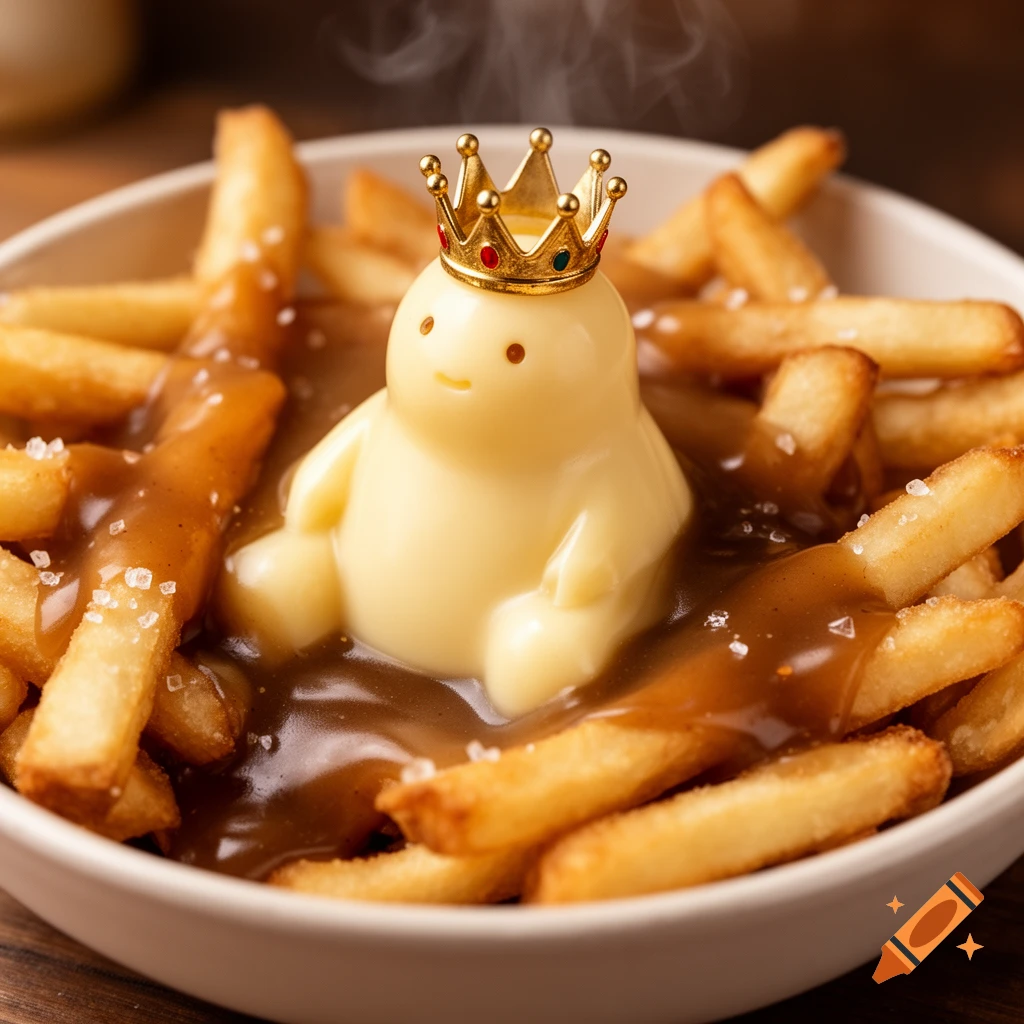 A photorealistic close-up of a cute, pale yellow, blob-like character wearing a golden crown, sitting in a bowl of poutine with fries and gravy.