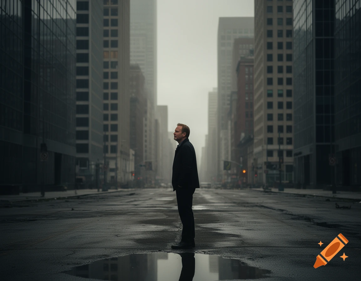 A man stands alone in the middle of a deserted, foggy city street, flanked by tall buildings reflecting in puddles.